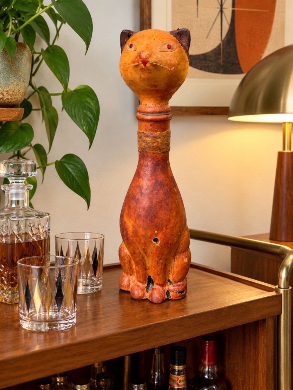 Vtg Italian Leather Wrapped Cat Decanter MCM Mid Century Folk Art Barware